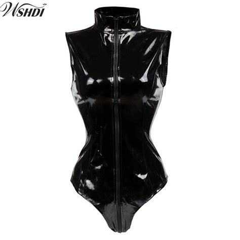 Sexy Black Pvc Bodysuit Zipper Latex Wetlook Catsuit Gothic Faux Leather Jumpsuit Women Fetish