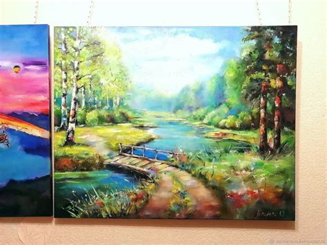 Летний пейзаж Пейзаж с речкой Пейзаж с лесом Картина масло холст на ...