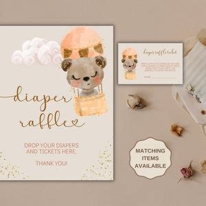 Bear Hot Air Balloon Baby Shower Diaper Raffle Sign And Ticket Diaper Raffle Card Gender