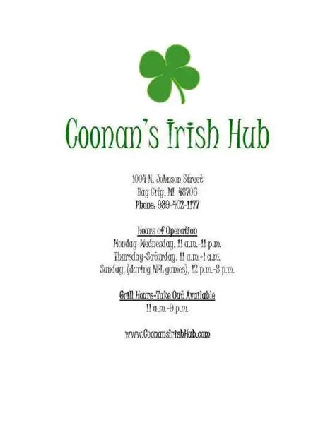 Menu At Coonan S Irish Hub Pub And Bar Bay City