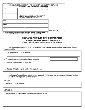 Fillable Online Restated Articles Of Incorporation BCS CD 511 04 01