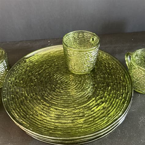 Vtg 60s Anchor Hocking Avocado Green Soreno Set 10 Dinner Plates And Cups 8 Pc Ebay