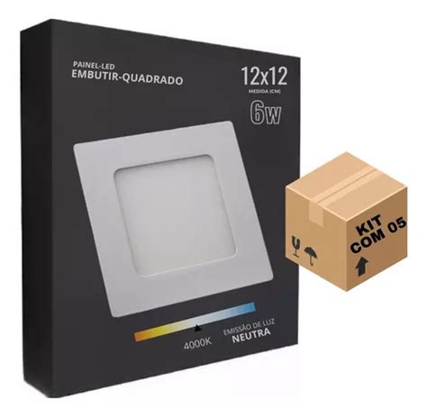 Kit5 Painel Plafon Led 6w Branco Neutro Quadr Embutir 12x12