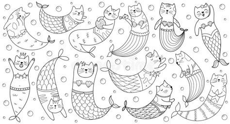 Cute Mermaid Cats Black And White Collection For Coloring Book Stock