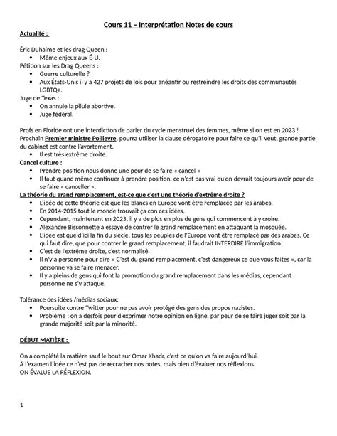 Cours 11 Cours 11 Interprétation Notes de cours Actualité Éric