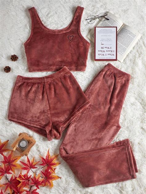 Heart Embroidery Flannel Tank Top And Shorts And Pants Lounge Set Shein Usa