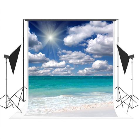 ABPHOTO Polyester Sea Beach Photo Backdrop Blue Sky Cloud Photocall