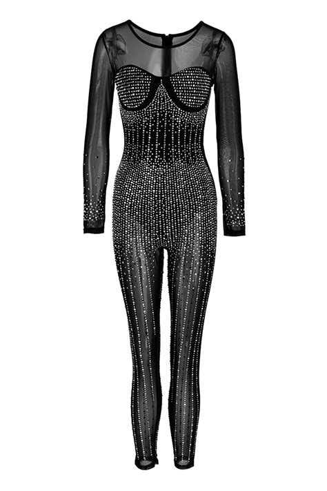 Wholesale Black Fashion Sexy Patchwork Hot Drilling See Through O Neck Skinny Jumpsuits K37671 1