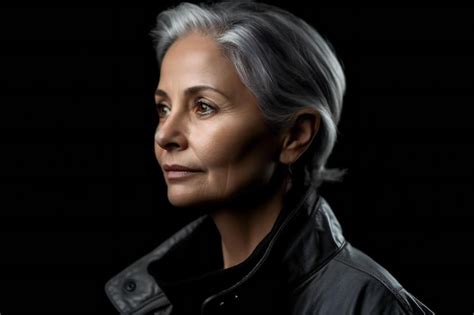 Portrait D Une Belle Femme Mature Dans Une Veste En Cuir Sur Fond Sombre Photo Premium