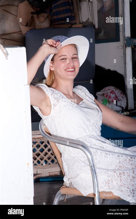 Blonde Lady On Boat Stock Photo Alamy