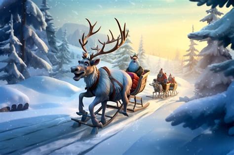 A Reindeer Pulling A Sleigh With Santa Claus In It The Background Is A