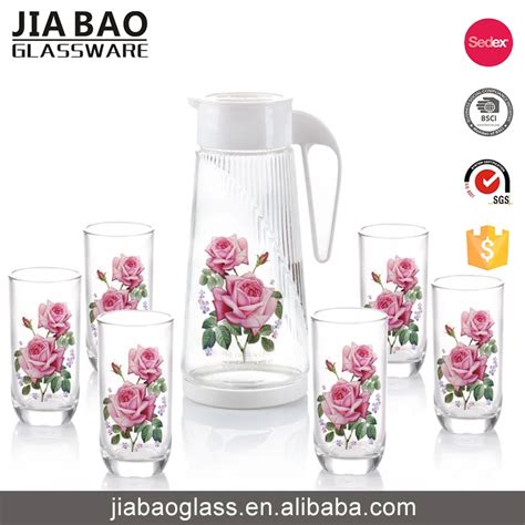 New Design 7pcs Decal Printed Glass Drinking Jug Set With 1 Jug And 6 Glasses Cup Waterandjuice