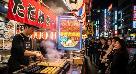 japanese street food takoyaki vendor  night market  tokyo