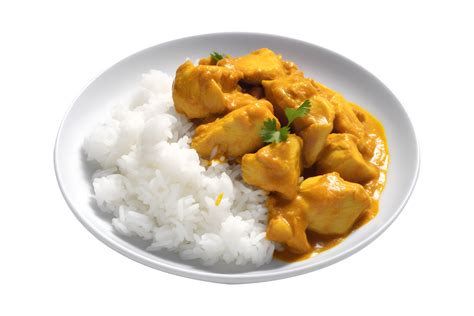 Chicken Curry With Jasmine Rice In A White Plate Isolated On White