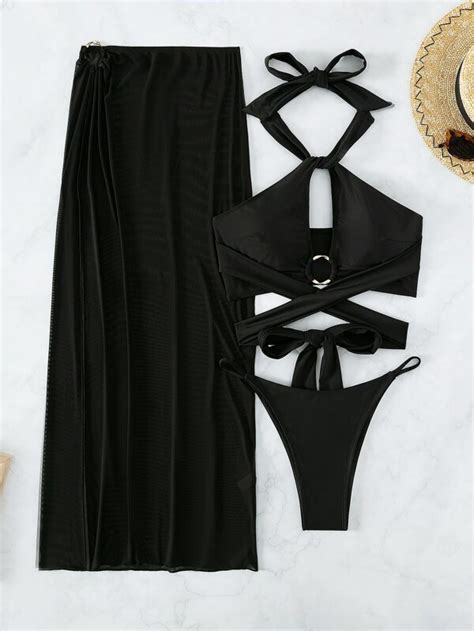 Criss Cross Halter Bikini Swimsuit With Beach Skirt SHEIN UK