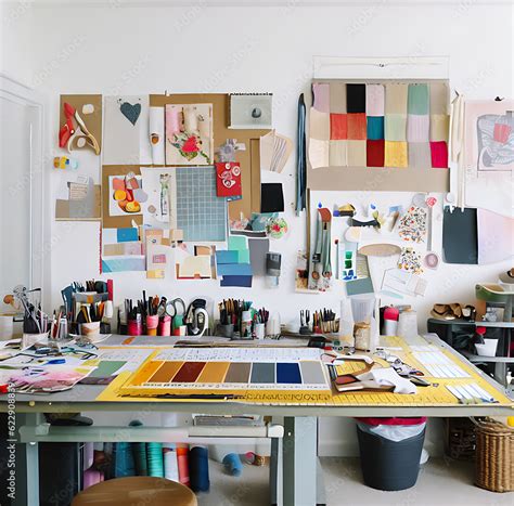 DIY Craft Room Panorama: Table Laden with Arts and Crafts Supplies, Wall Organizer for Tools ...