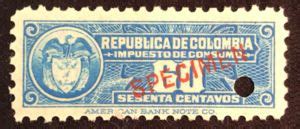 Stamp Coat Of Arms Colombia Revenue StampsCol CO 1900 08SP