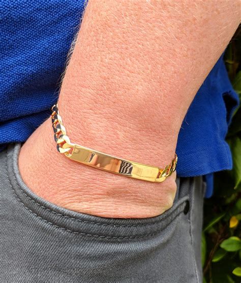 Personalised Mens Solid 9ct Yellow Gold Curb Identity Bracelet 8 5