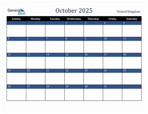 October 2025 Monthly Calendar with United Kingdom Holidays