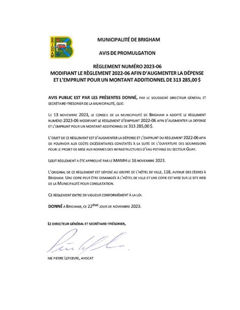 Avis de promulgation règlement no 2023 06 Municipalité de Brigham