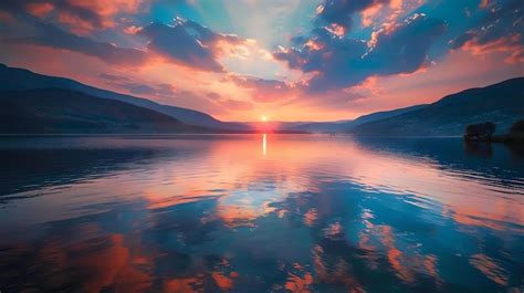 Premium Photo | Tranquil lake at sunset The setting sun casts a golden ...