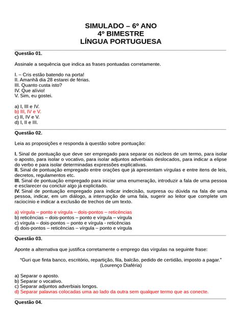 6º Ano - Simulado - 4º Bimestre | PDF