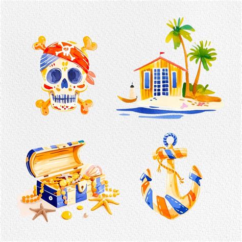 Watercolor Pirates Clipart Pirate Ship Treasure Chest Pirate Party