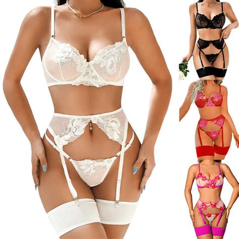 Factory New Sexy Lingerie Sets Custom Floral Embroidered Underwire G String Garter Belt Pieces