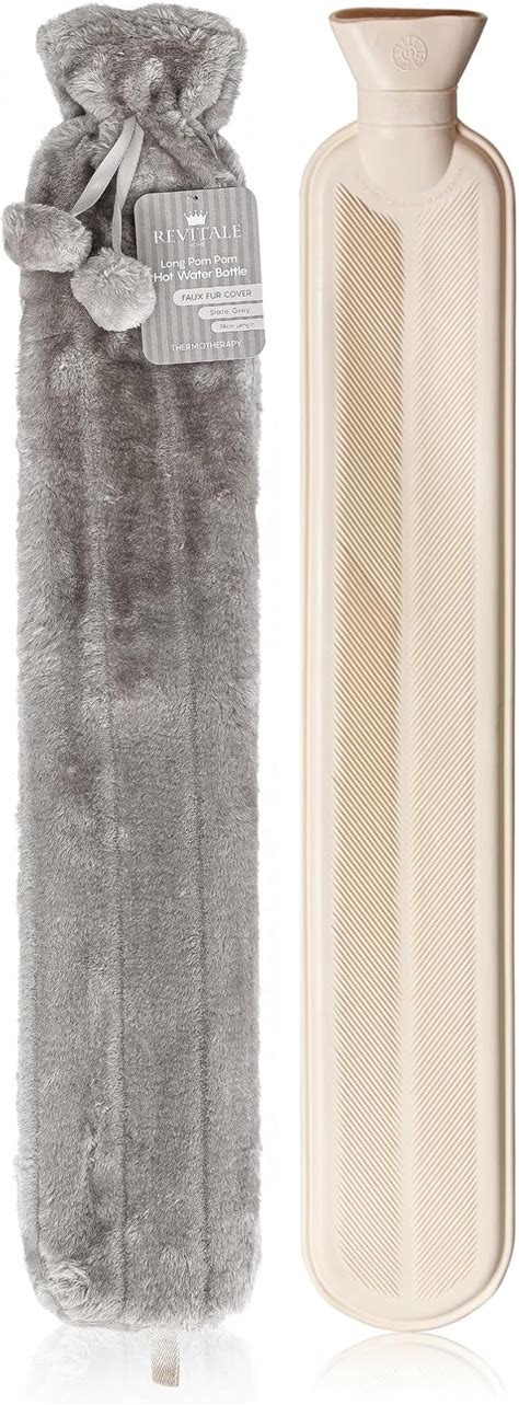 Revitale Extra Long Hot Water Bottle With Soft Faux Fur Pom Pom Cover Cm Litre British