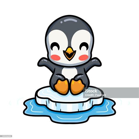 Kartun Penguin Kecil Lucu Duduk Di Atas Es Floe Ilustrasi Stok Unduh