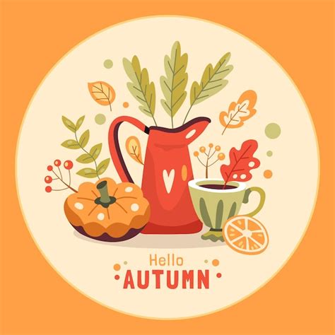 Premium Vector Autumn Illustration With Hot Drink Jug Pumpkin And Leaves