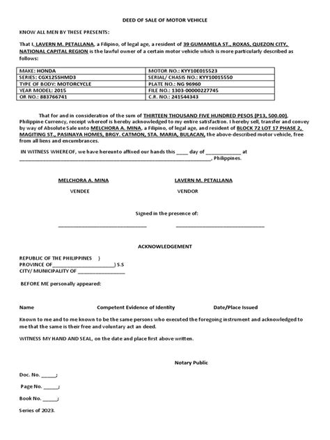 Deed Of Sale Of Motor Vehicle Pdf