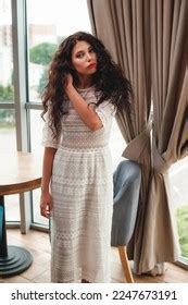 Curly Sexy Brunette Poses Table Cafe Stock Photo Shutterstock