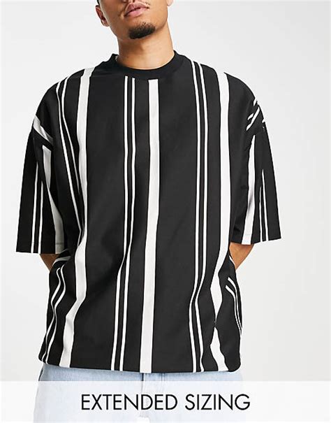 Asos Design Oversized Vertical Stripe T Shirt In Black And Ecru Asos