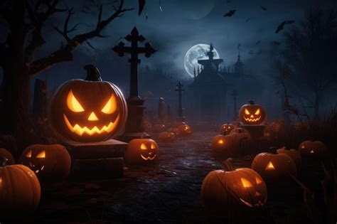 Premium Ai Image Pumpkins In A Cemetery With Glowing Eyes Pumpkins In