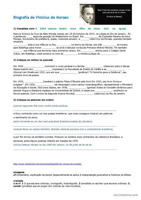 Atividade Vinicius de Moraes: English ESL worksheets pdf & doc