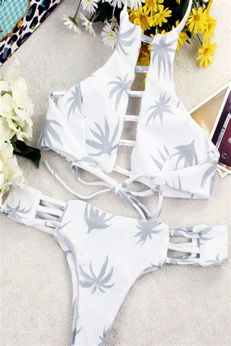 High Cut Maple Leaf Print Bikini Set White Bikinis Zaful