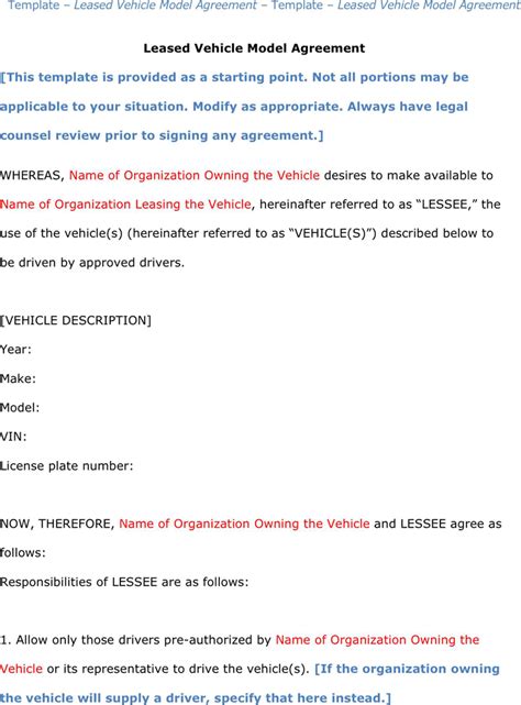vehicle lease agreement template   speedy template