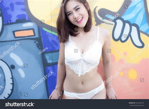 Sexy Beautiful Asian Woman White Lingerie Stock Photo