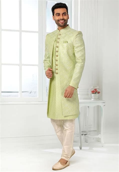 Pista Green Art Silk Indo Western Sherwani 250143