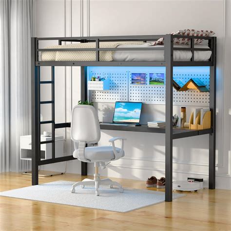 Gaeanet Twin Size Heavy Duty Metal Loft Bed With Desk And Full Length Guardrail Loft Bed Frame