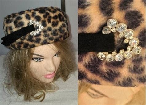 Vintage Leopard Hat 1950s 60s Round Faux Leopard Fur Pillbox Hat Rhinestone Ornament Rockabilly