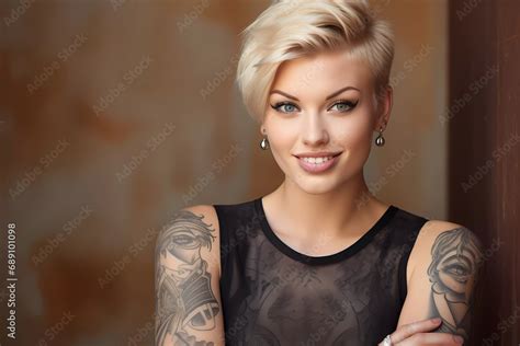 Beautiful Portrait Of Blonde Female Model With Short Hair And Cool Tattoos Looking Into The