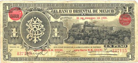 Billete De 1 Peso Banco Oriental Puebla 1914 Envio Gratis