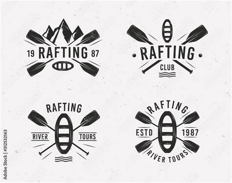 rafting logo set  raft crossed paddles  mountains silhouettes