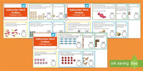 Subtraction Word Problem Challenge Cards