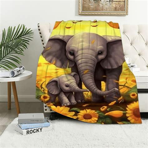 Qcpp Mother And Elephant Sunflowers Print Micro Blanket Throw Blanket