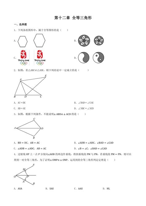 第十二章 全等三角形 单元练习（含答案） 2024 2025学年人教版数学八年级上册21世纪教育网 二一教育