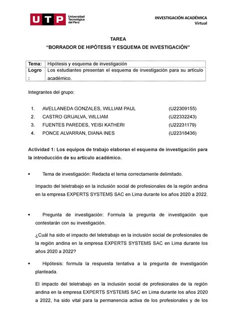 Semana Borrador De Hipotesis Y Esquema De Investigaci N Tarea