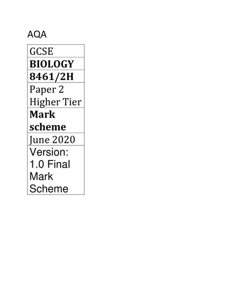 AQA GCSE BIOLOGY 8461 2H Paper 2 Higher Tier Mark Scheme June 2020